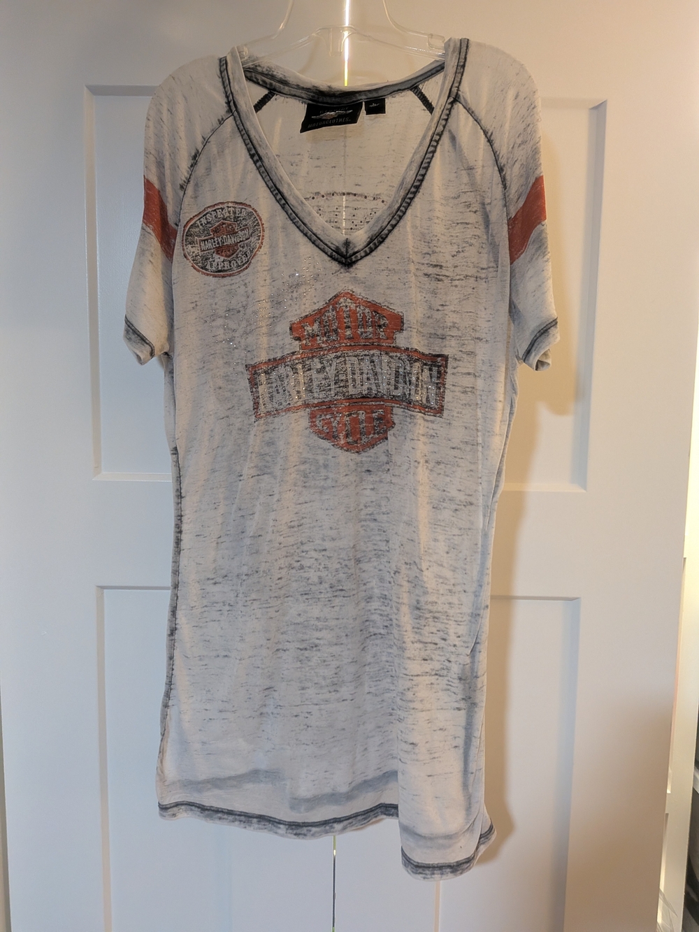 Harley Davidson V-Neck Short Sleeve Tee - L Semi Sheer Rhinestones
